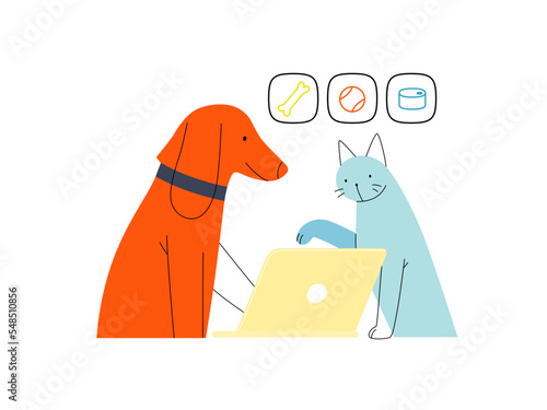 Easy shopping - Online shopping and electronic commerce series - modern flat vector concept illustration of pets doing an order online on laptop. Promotion, discounts, sale and online orders concept