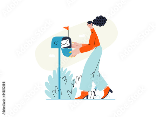 You have a message - Online shopping and electronic commerce series - modern flat vector concept illustration of woman getting letter from postbox. Promotion, discounts, sale and online orders concept