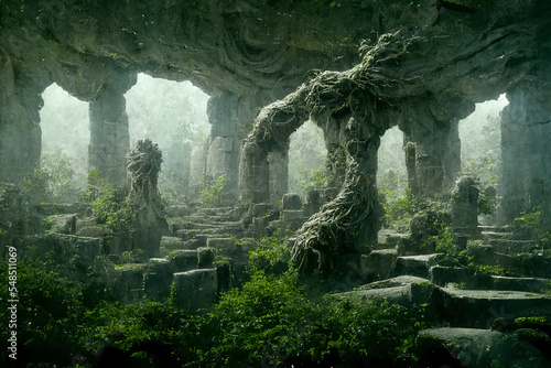 an old temple that has been partially destroyed in the middle of the forest as a relic of ancient times.