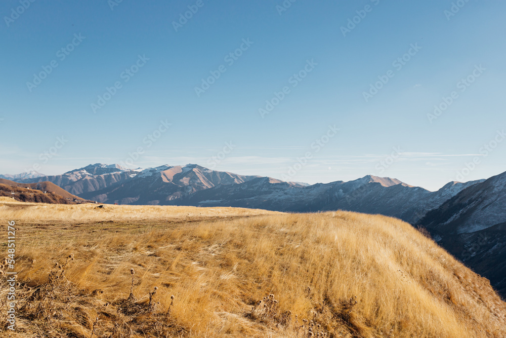 nature in autumn, view of the slope and cliff with yellow grass, mountains with snowy peaks
