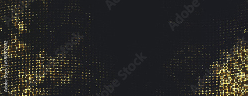 Golden glitter halftone smoke design. Abstract vector flowing pattern with sparkling golden dots. Gold particles on dark background.