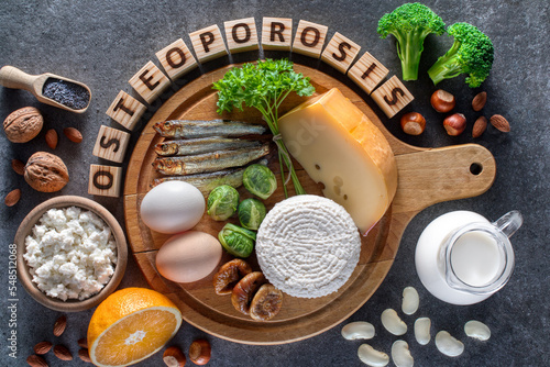 Osteoporosis concept. Food products recommended for osteoporosis, diary and non-diary products rich in calcium.