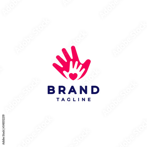 Heart Icon Inside Two Hands Logo. Heart Symbol Under Silhouette Two Open Hands Logo Design.