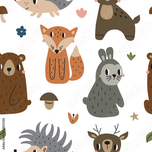 Seamless pattern with cute forest animals in scandinavian style. Vector illustration on a white background for decorating textiles, packaging, nursery