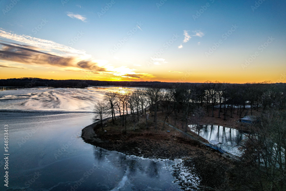 Fototapeta premium Sunset background lake landscape aerial 