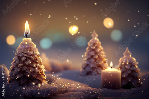 Beautiful white Christmas candles in the form of fir trees on snow, glowing bokeh background, AI generated image