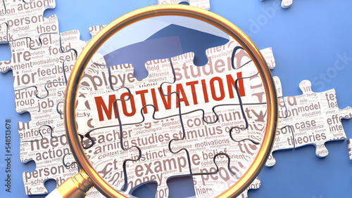 Motivation as a complex and multipart topic under close inspection. Complexity shown as matching puzzle pieces defining dozens of vital ideas and concepts about Motivation,3d illustration photo
