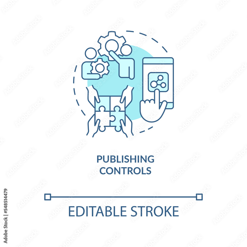Publishing controls turquoise concept icon. Content managers. Social media abstract idea thin line illustration. Isolated outline drawing. Editable stroke. Arial, Myriad Pro-Bold fonts used Publishing controls turquoise concept icon. Content managers. Social media abstract idea thin line illustration. Isolated outline drawing. Editable stroke. Arial, Myriad Pro-Bold fonts used