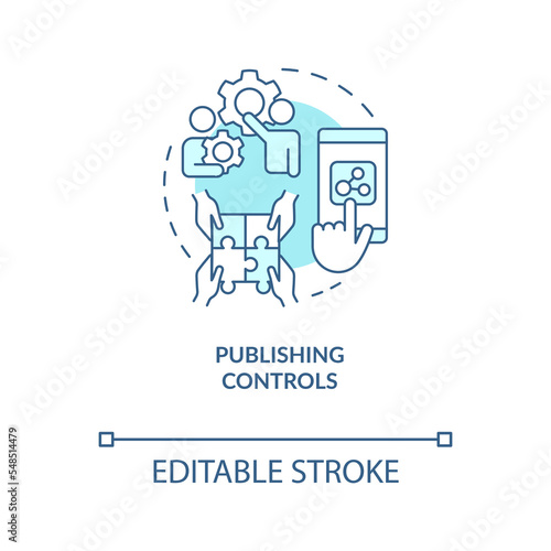 Publishing controls turquoise concept icon. Content managers. Social media abstract idea thin line illustration. Isolated outline drawing. Editable stroke. Arial, Myriad Pro-Bold fonts used