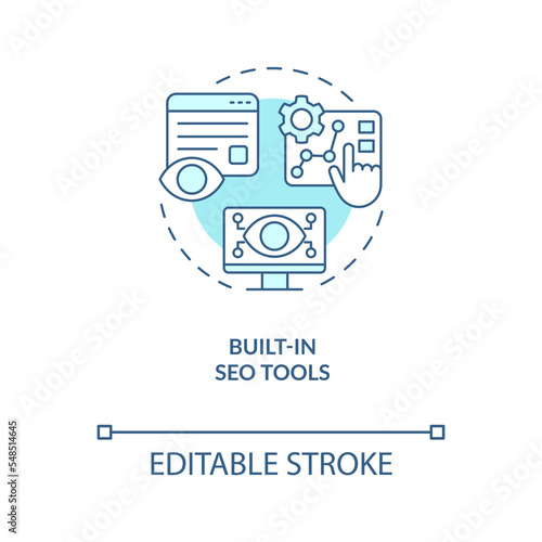 Built-in SEO tools turquoise concept icon. Website optimization. Search engine abstract idea thin line illustration. Isolated outline drawing. Editable stroke. Arial, Myriad Pro-Bold fonts used