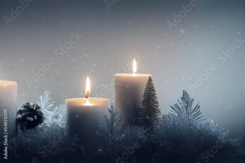 White Christmas candles on snow, AI generated image