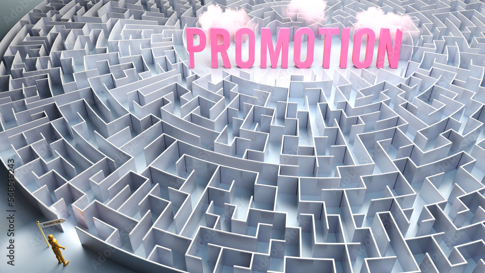 Promotion and a difficult path, confusion and frustration in seeking it, hard journey that leads to Promotion,3d illustration Promotion and a difficult path, confusion and frustration in seeking it, hard journey that leads to Promotion,3d illustration