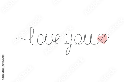 Words "love you" and heart drawn in continuous line on white background with red color spot. Vector illustration of love, donation or charity. One line drawing, minimalism.