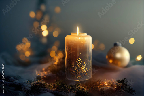 Beautiful golden Christmas candle with a snowflake pattern on the glowing blue bokeh background, AI generated image