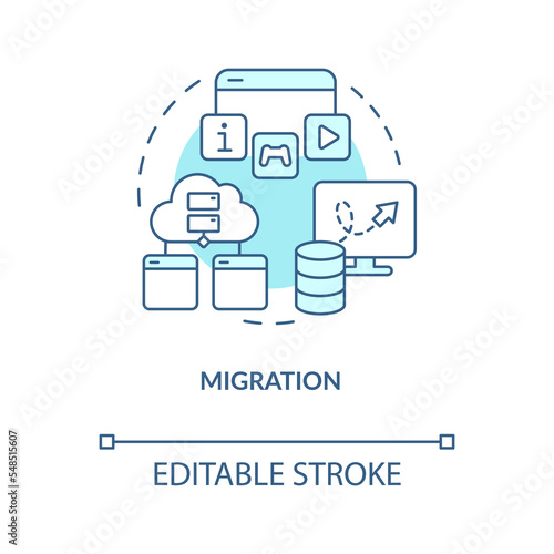 Migration turquoise concept icon. Move website data to new platform. CMS abstract idea thin line illustration. Isolated outline drawing. Editable stroke. Arial, Myriad Pro-Bold fonts used