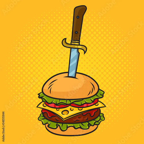 knife stuck in burger pinup pop art retro vector illustration. Comic book style imitation.