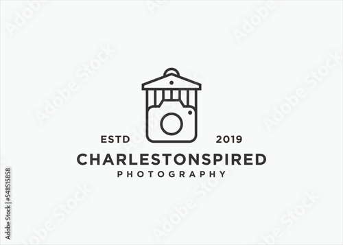 camera with building logo design vector silhouette illustration