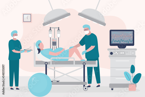 Doctor performing caesarean section for pregnant woman under epidural anesthesia. Surgery, concept. Clinic room interior. Obstetrics and gynecology. Birth of child. Maternity, childhood.