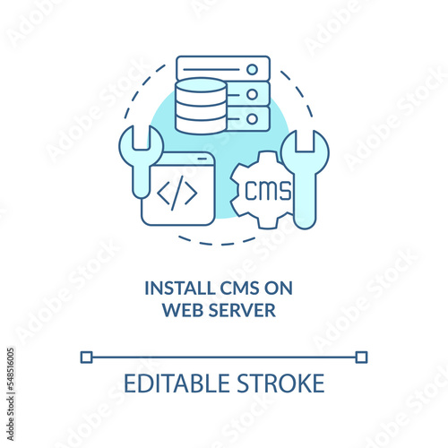 Install CMS on web server turquoise concept icon. Site adjusting. Internet abstract idea thin line illustration. Isolated outline drawing. Editable stroke. Arial, Myriad Pro-Bold fonts used