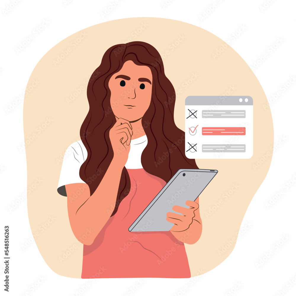 Person choosing answer in online. Pensive young girl holding a tablet while giving answers online. Online survey concept Person choosing answer in online. Pensive young girl holding a tablet while giving answers online. Online survey concept