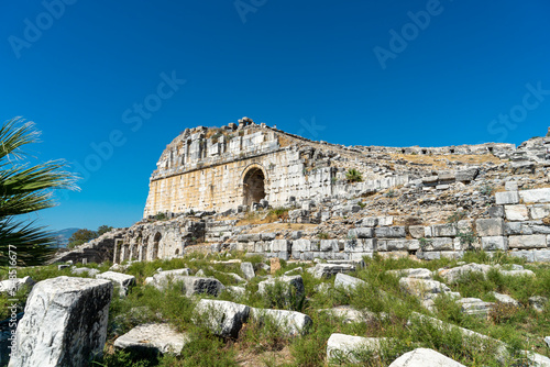 Left entrance of ancient greek thatre in Miletus, Turkey. Ruins of the ancient Caria. Copy space for text. photo