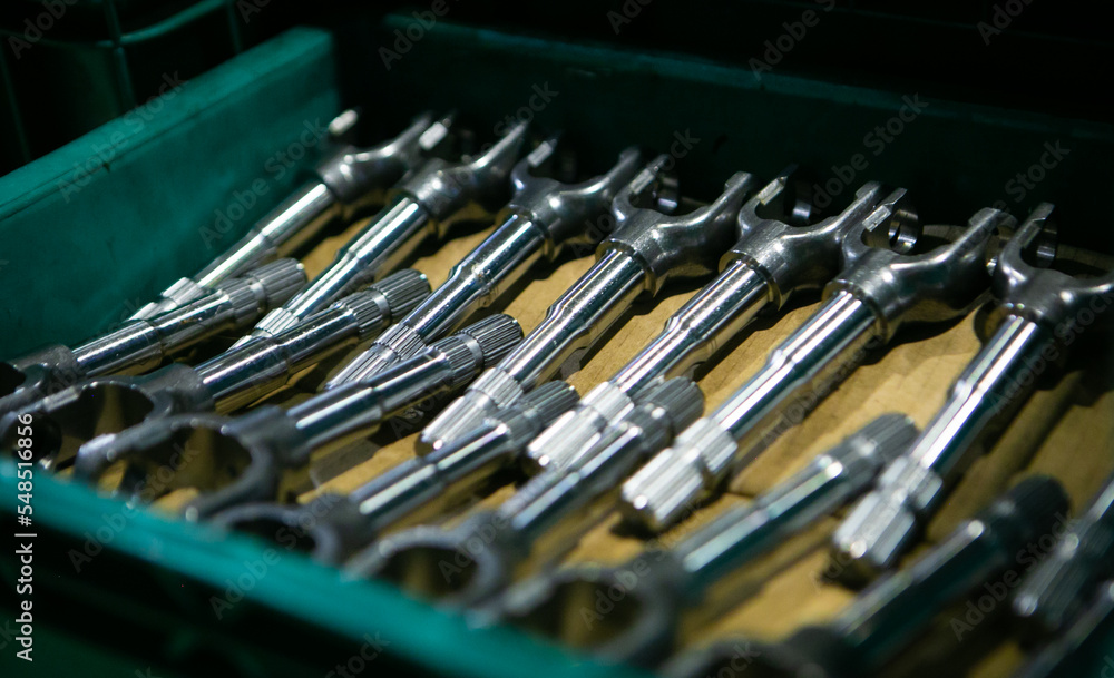 Fototapeta premium The workpiece is in process. Industrial material. Raw material waits for supply to the machining process