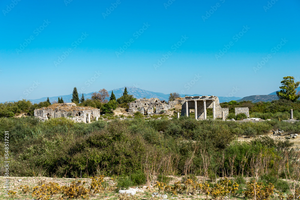 View of the Ionic Stoa on the Sacred Way, in Miletus, Turkey. Ancient columns and ruins of ancient greek city on the blue sky background. Copy space for text. 