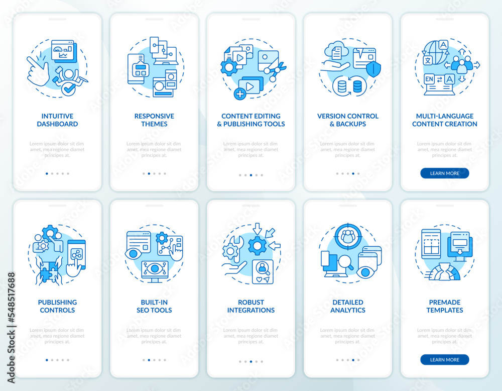 CMS platform blue onboarding mobile app screen set. Walkthrough 5 steps editable graphic instructions with linear concepts. UI, UX, GUI template. Myriad Pro-Bold, Regular fonts used CMS platform blue onboarding mobile app screen set. Walkthrough 5 steps editable graphic instructions with linear concepts. UI, UX, GUI template. Myriad Pro-Bold, Regular fonts used