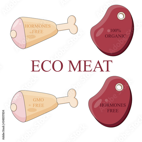 Eco meat label, icon with Chicken leg and beef steak with bone and inscription hormones free, 100% organic, sticker for package