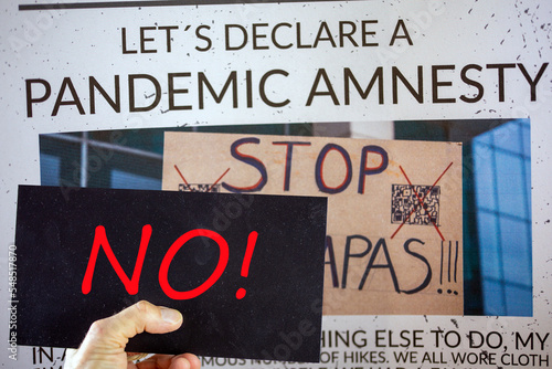 Принти на полотні Symbolic image Pandemic Amnesty: Cut-out of a symbolic newspaper, a sign with the inscription NO is held in front of it