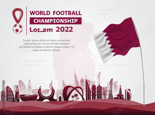 Football competition symbol. Burgundy color. qatar silhoulette and the flag of Qatar. Sports background for event, tournament, invitation, cup or championship