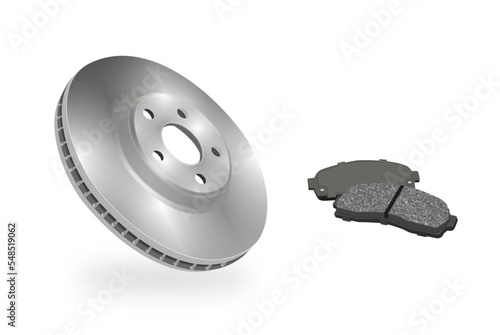 Car ventilated disc brake and brake pads, 3d vector rendering

