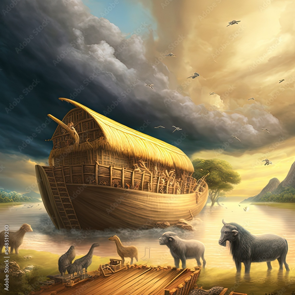 Artistic depiction of Noah's wooden ark, various animals and flood signs in the background Stock