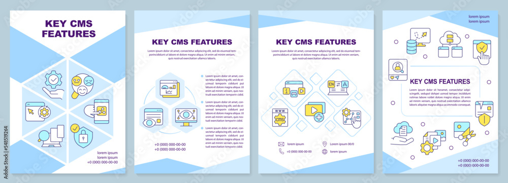 Key CMS features blue brochure template. SEO tools. Leaflet design with linear icons. Editable 4 vector layouts for presentation, annual reports. Arial-Black, Myriad Pro-Regular fonts used