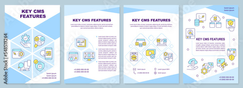 Key CMS features blue brochure template. SEO tools. Leaflet design with linear icons. Editable 4 vector layouts for presentation, annual reports. Arial-Black, Myriad Pro-Regular fonts used