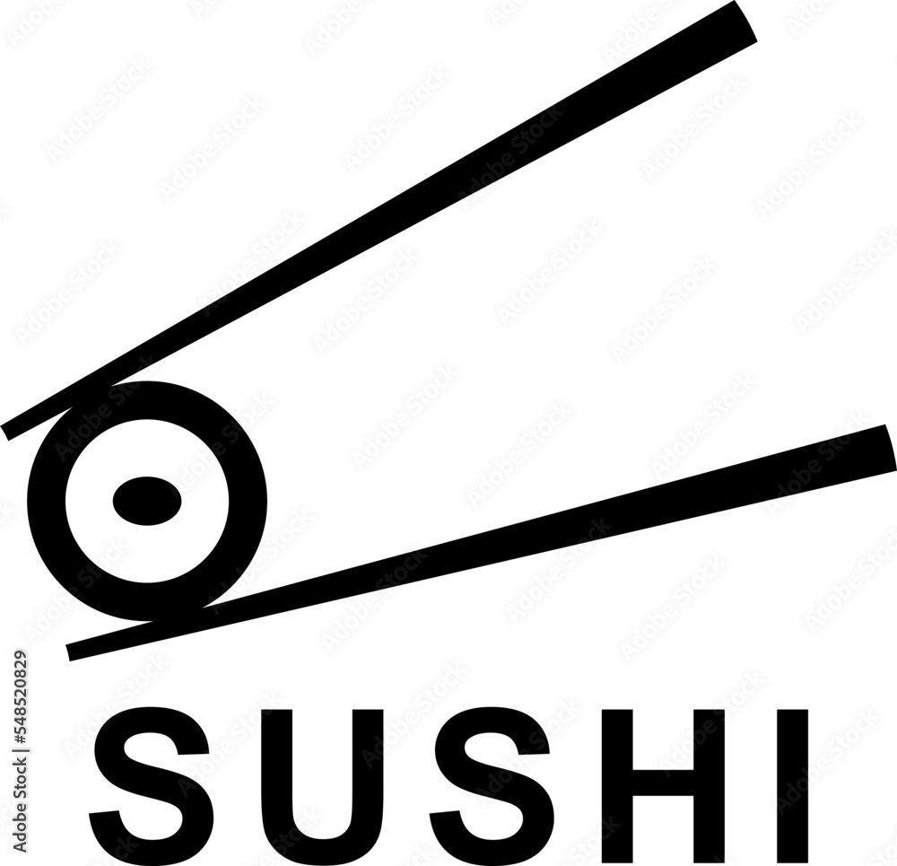 Sushi roll and chopsticks for sushi, icon vector. Roll and chopsticks for sushi in black, below the inscription Sushi. Sushi roll and chopsticks for sushi, icon vector. Roll and chopsticks for sushi in black, below the inscription Sushi.