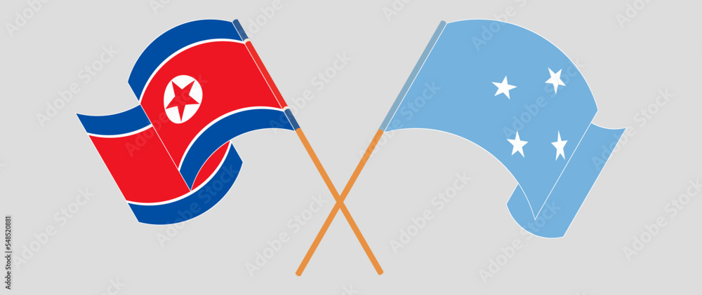 Crossed and waving flags of North Korea and Micronesia Crossed and waving flags of North Korea and Micronesia