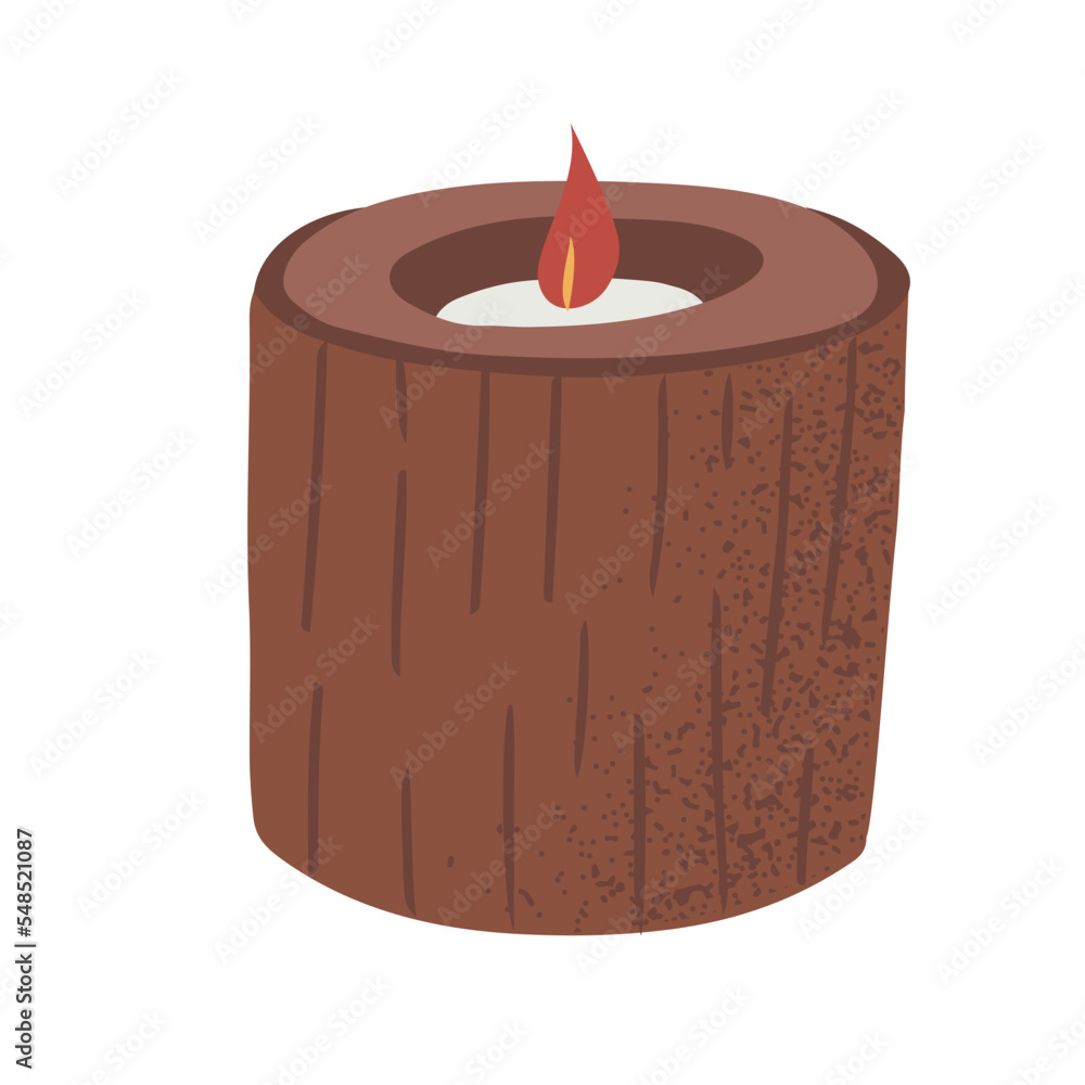 Hand drawn candle in wooden textured holder, isolated vector illustration Hand drawn candle in wooden textured holder, isolated vector illustration