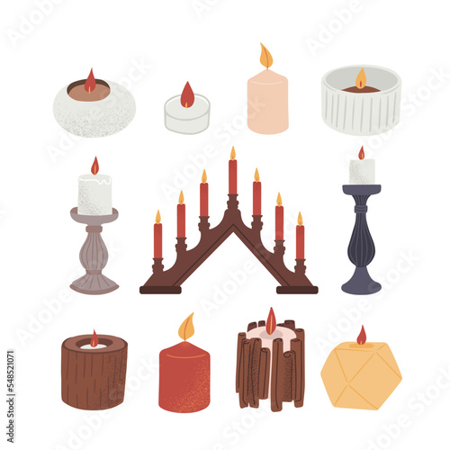 Set with different candles and candle holders. Isolated vector illustration in flat style with textured effect
