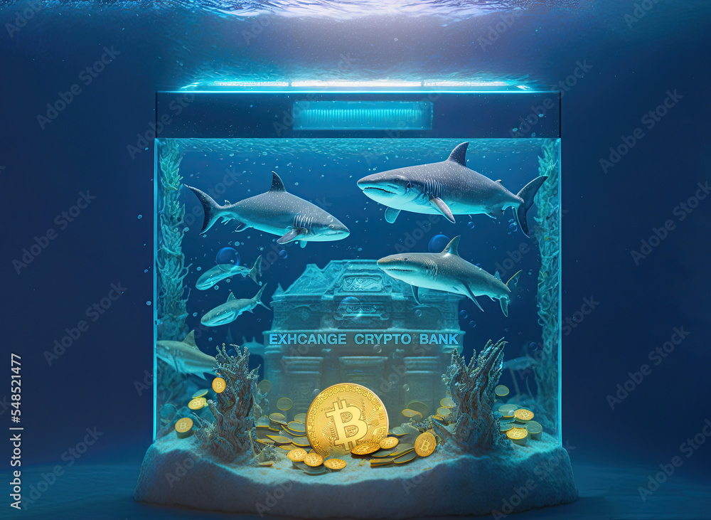 Bitcoin crypto-bank exchange in sharks aquarium. Underwater bank with Bitcoin and altcoins tokens by sharks swimming in tank. Concept of speculative finance, lack of regulation in scam in the cryptos - obrazy, fototapety, plakaty 