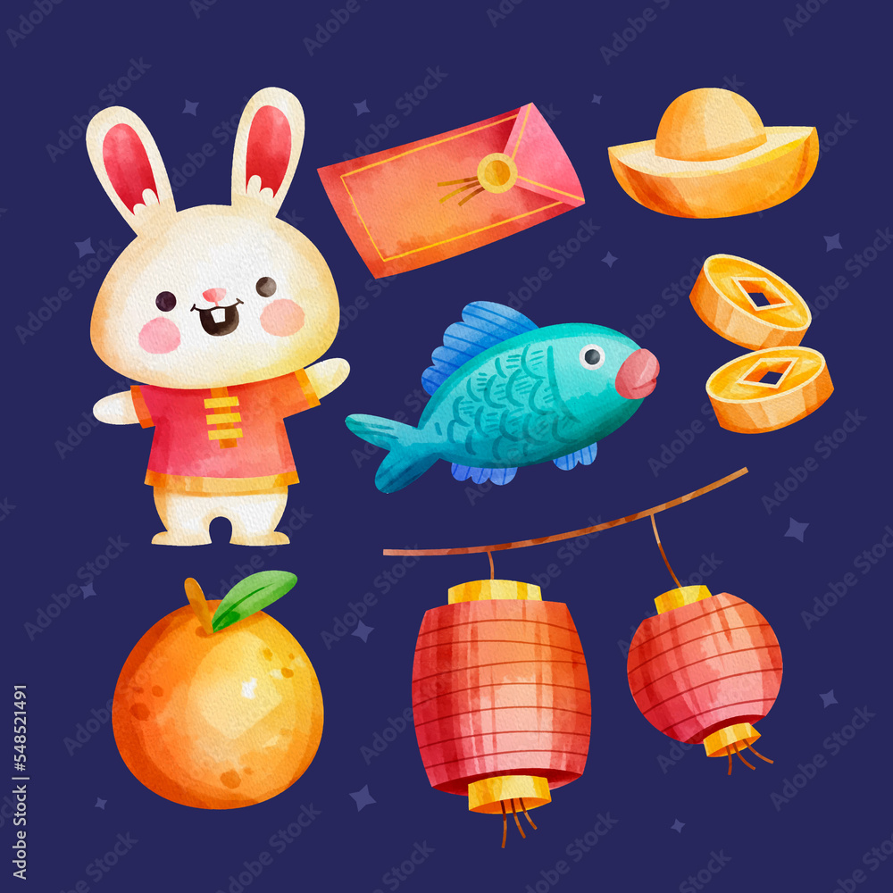 Naklejka premium Watercolor chinese new year elements collection