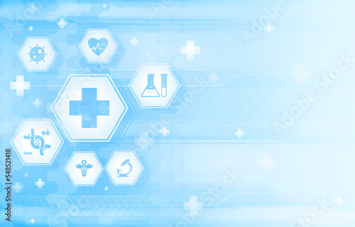 Blue and white futuristic background with medicine symbols