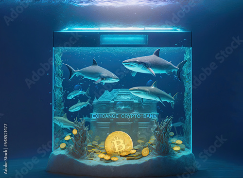 Fototapeta Bitcoin crypto-bank exchange in sharks aquarium