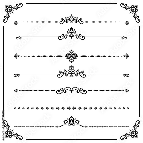 Vintage set of decorative elements. Horizontal separators in the frame. Collection of different ornaments. Classic black patterns. Set of vintage patterns