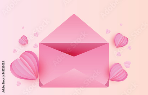 pink letter decorated with red heart shaped paper cutouts and mail. Illustration idea for Valentine's Day or sending love messages. vector envelope