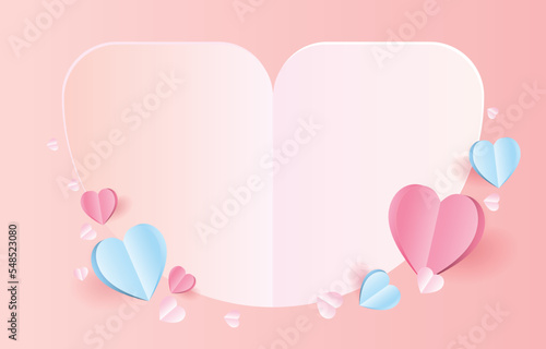 Blank paper cut background heart shape. Decorate with pink and blue origami hearts. illustration for valentine day, mother's day. or love day.  vector greeting card.