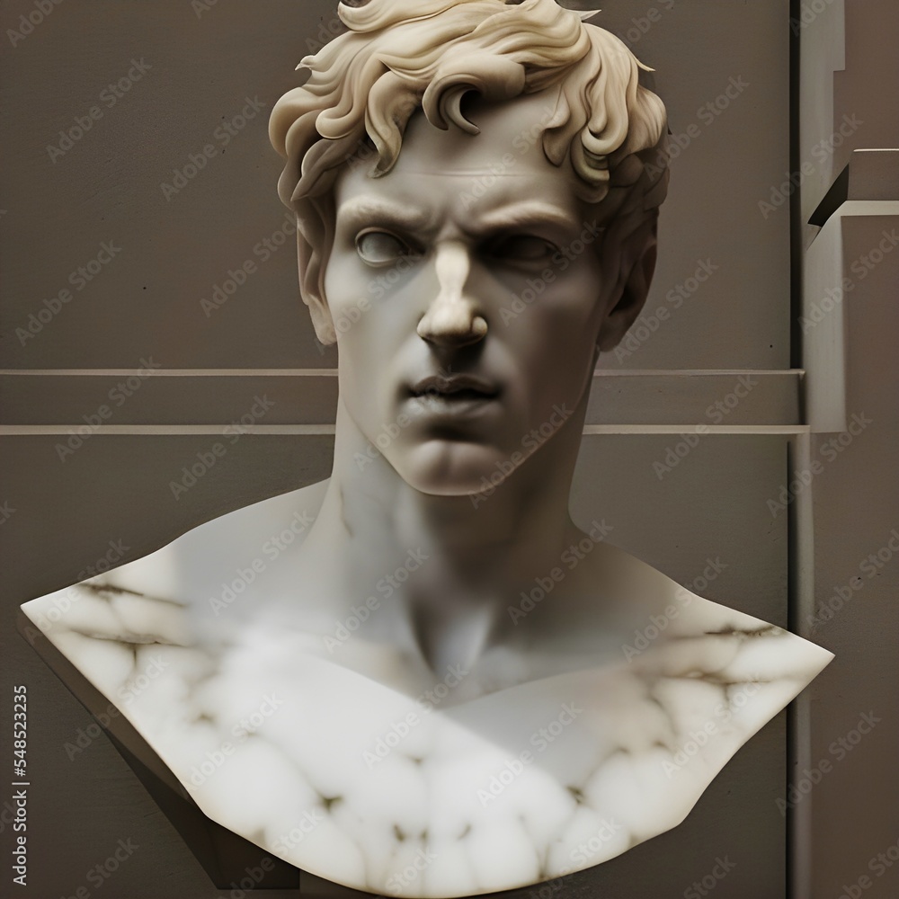 3D illustration featuring a white marble statue bust of an ancient ...