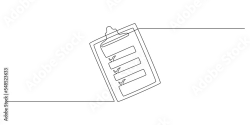 Clipboard with checklist with clipboard in one continuous line drawing. To do list with ticks and concept test expertise and exam in simple linear style. Editable stroke. Doodle vector illustration