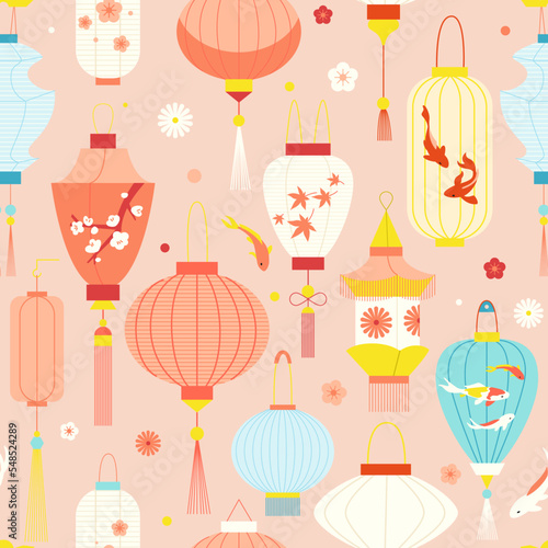 Seamless pattern with cute Chinese paper lanterns in cartoon style. Hand drawn vector illustration. Asian festival decoration.