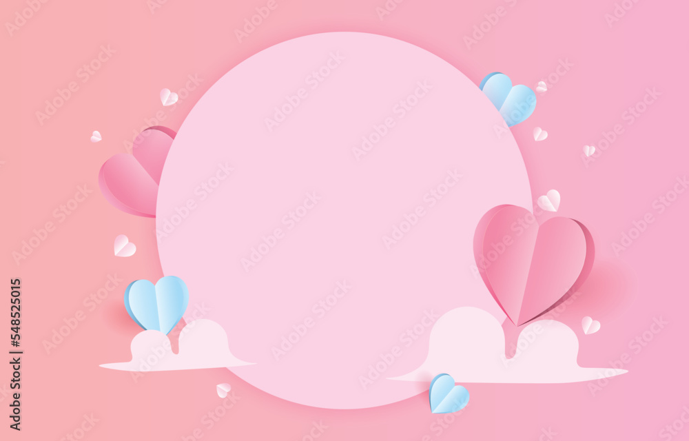Blank paper cut background circle shape. Decorate with pink and blue origami hearts and clouds. illustration for valentine day, mother's day. or love day.  vector greeting card.